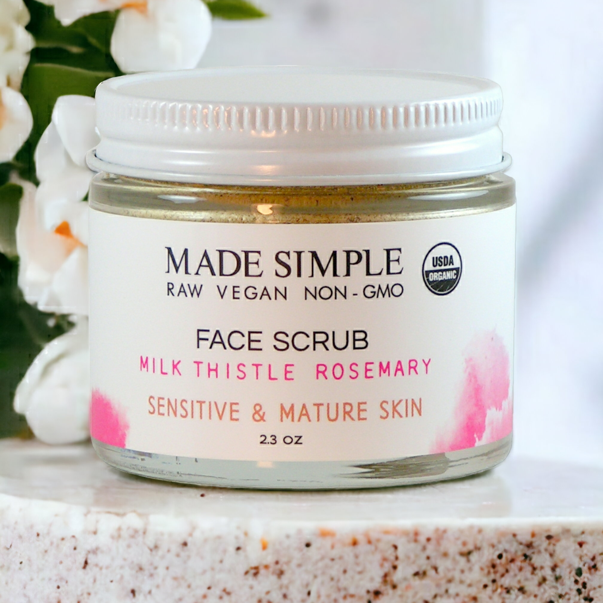 Milk Thistle Rosemary Face Scrub for Sensitive/Mature Skin - Certified Organic, Vegan & Cruelty-free